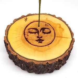 Moon Face Wooden Incense Stick holder, Log Round